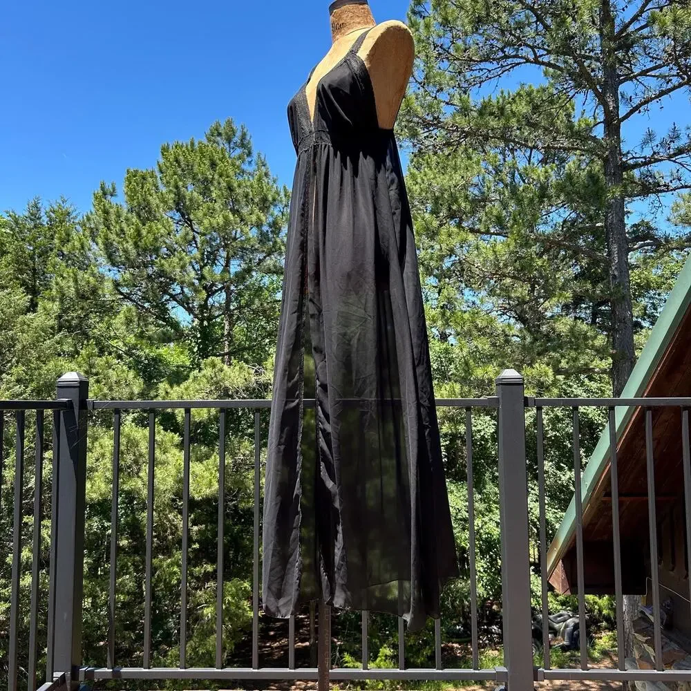 Vintage 80s/90s Black Sheer Chiffon Deep V Maxi Boho Grecian Goth Negligee Gown - Picture 5 of 9
